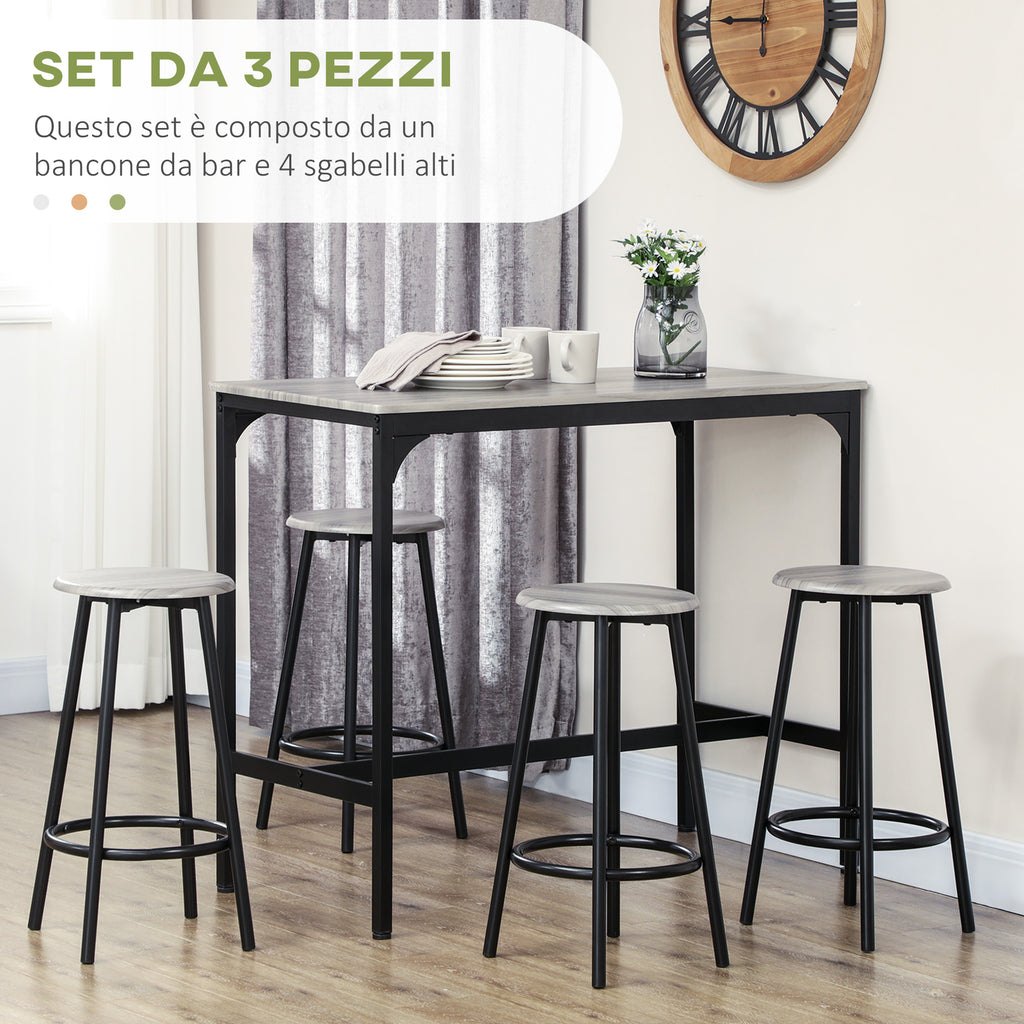 5 Piece Dining Set with Bar Counter 110x50x89.5 cm and Stools Ø30x60.5 cm in Wood and Metal Grey and Black