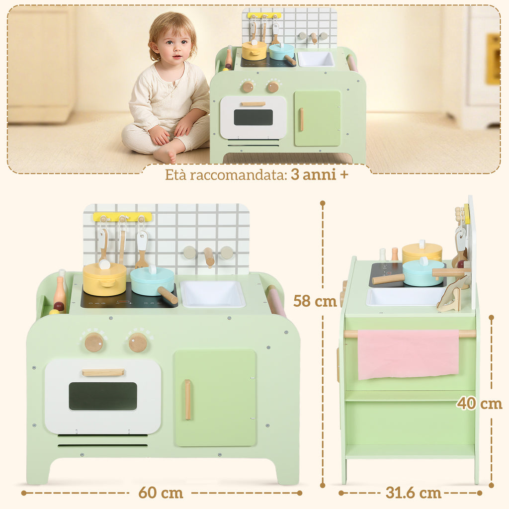 Wooden Toy Kitchen Set for Children 3+ Years Old with 15 Accessories, Green