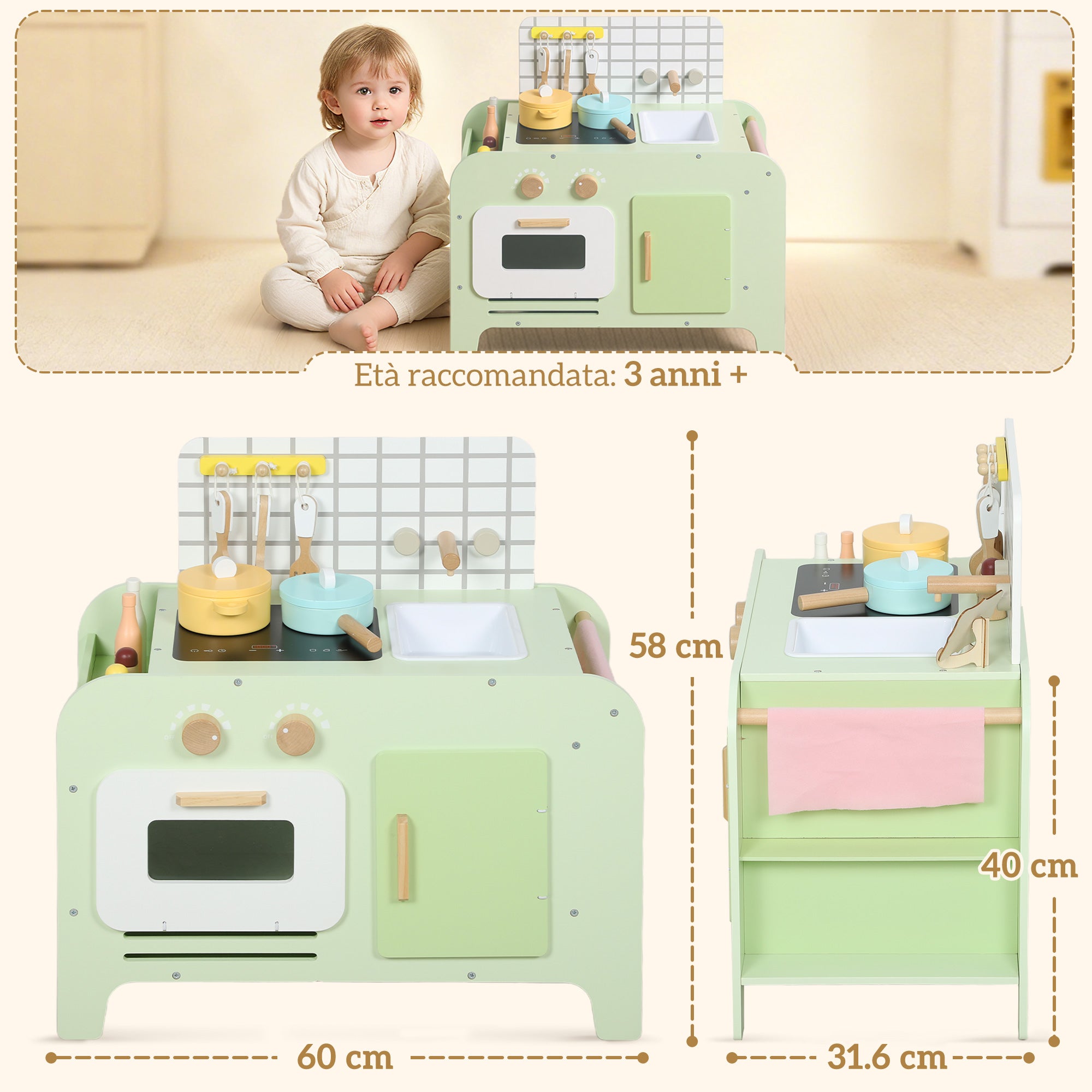 Wooden Toy Kitchen Set for Children 3+ Years Old with 15 Accessories, Green