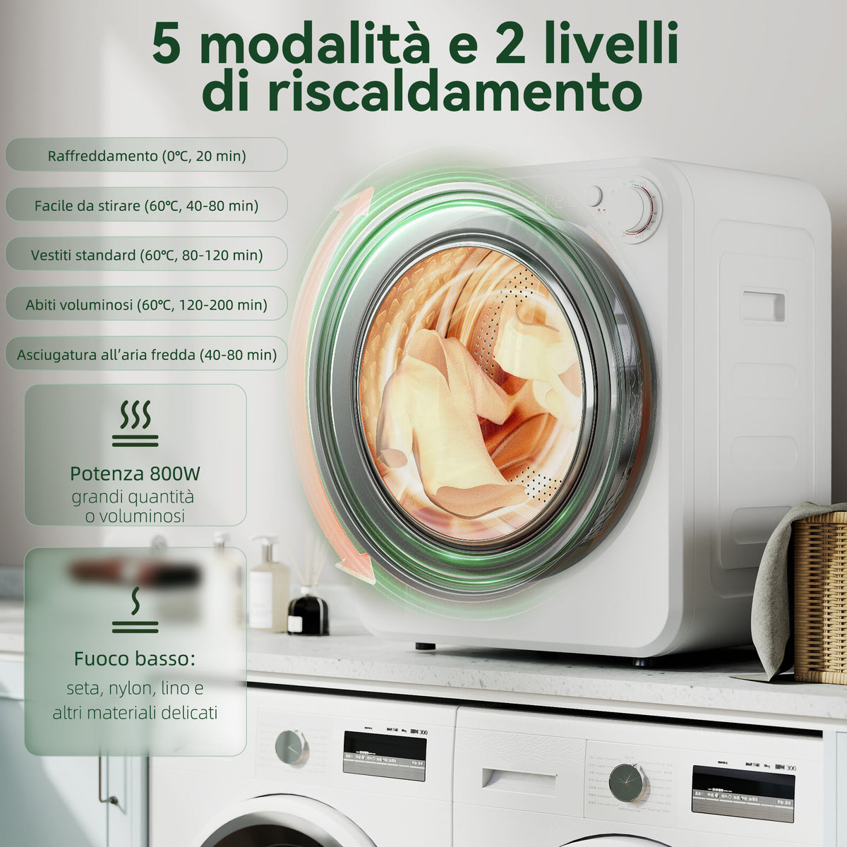 HOMCOM Mini Portable Dryer 2.5kg, 5 Programs, 800/400W, Front Loading, Stackable/Wall/Freestanding, White