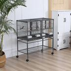 PawHut Double Metal Bird Cage with Removable Trays, Stand with 4 Wheels and Shelf, 95x45.5x102cm, Gray - Borgè