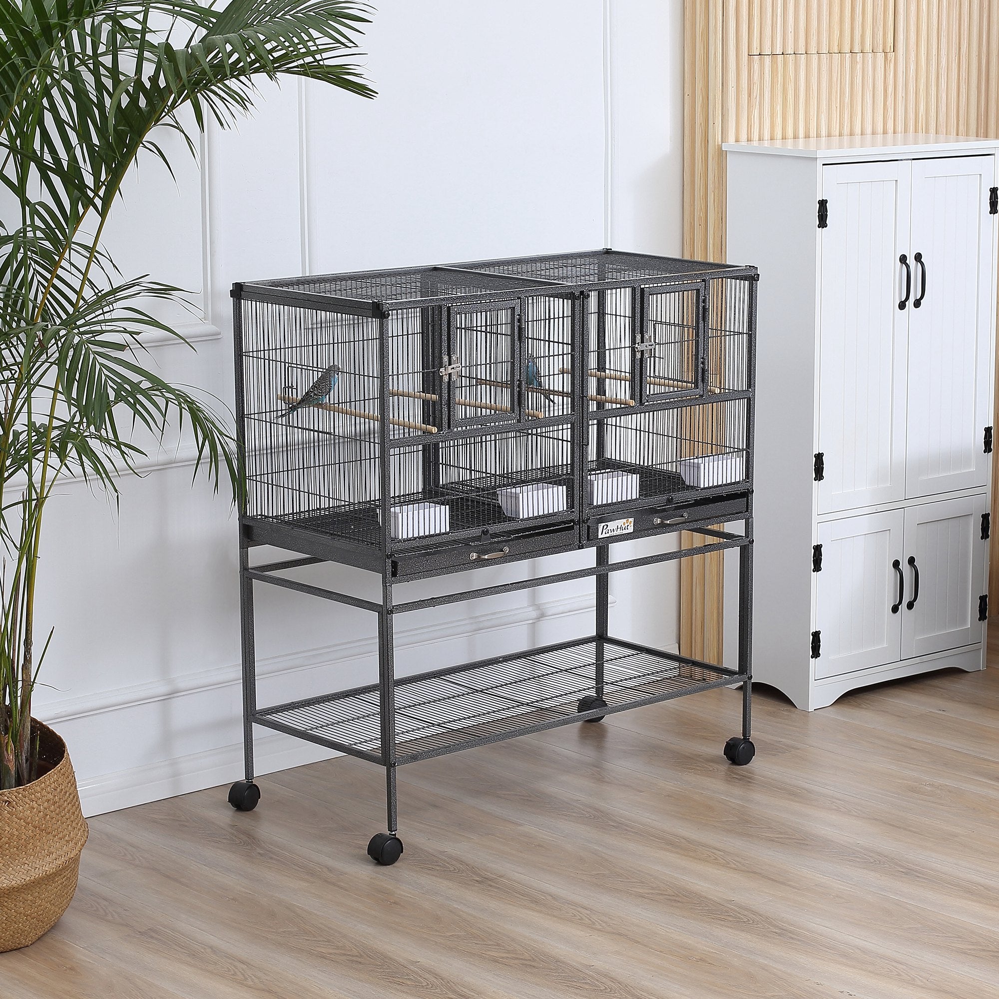 PawHut Double Metal Bird Cage with Removable Trays, Stand with 4 Wheels and Shelf, 95x45.5x102cm, Gray - Borgè