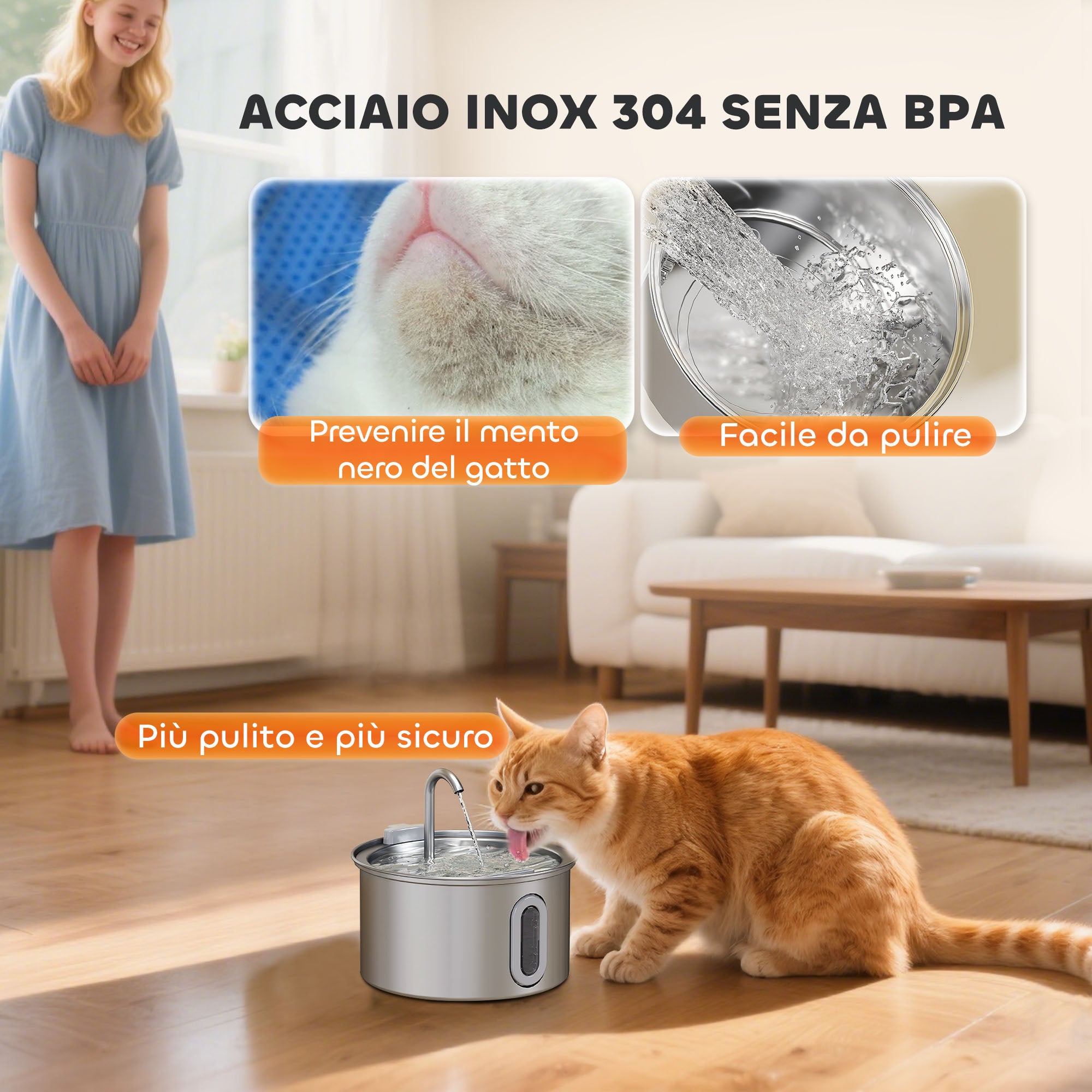 2.5L Cat Water Fountain with LED Light and 2 Flow Modes, Stainless Steel, 19.4x19.4x18.7 cm, Silve