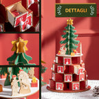 Christmas Cone Advent Calendar with Themed Patterns and 10 LED Lights, 22x22x35 cm, Plywood, Red, Green and Yellow