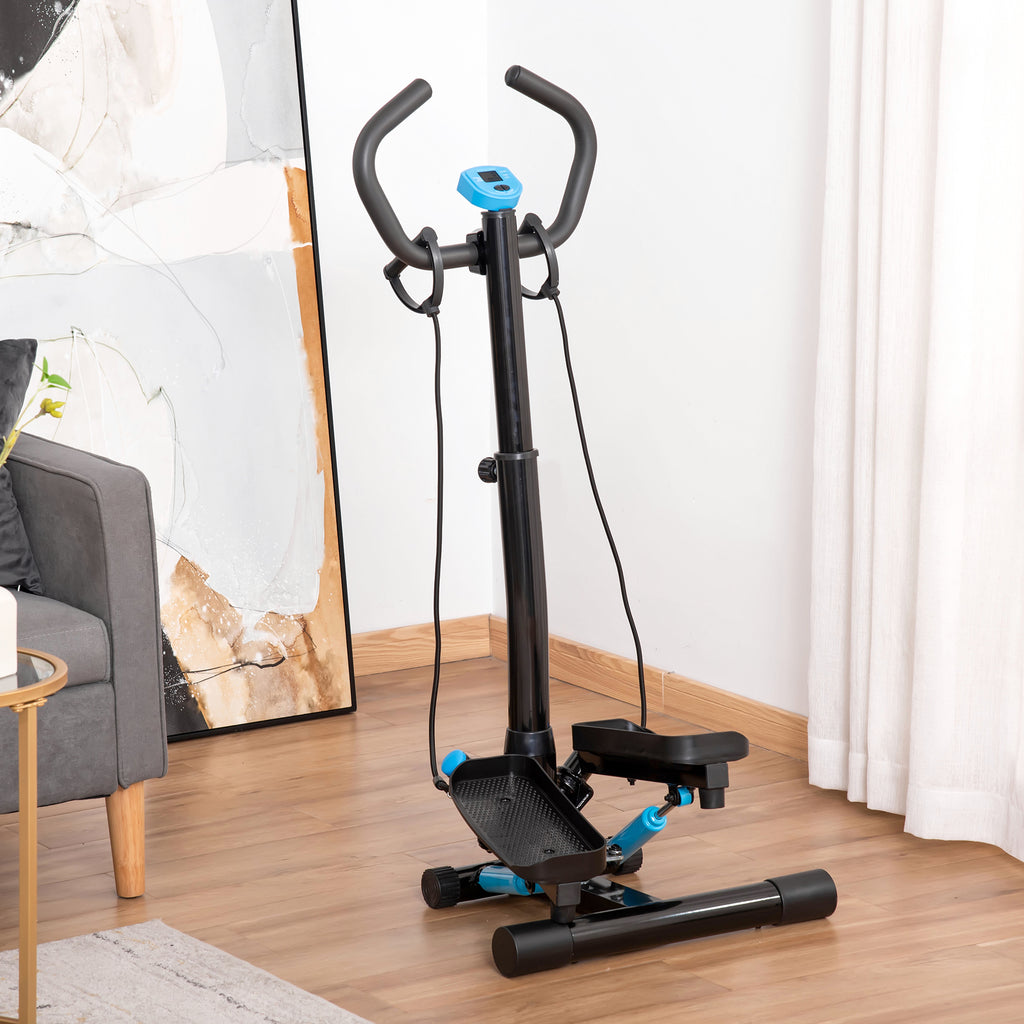 HOMCOM Stepper with LCD Monitor, Adjustable Handlebar and Elastic Bands, 55x53x118-128cm, Black and Blue - Borgè