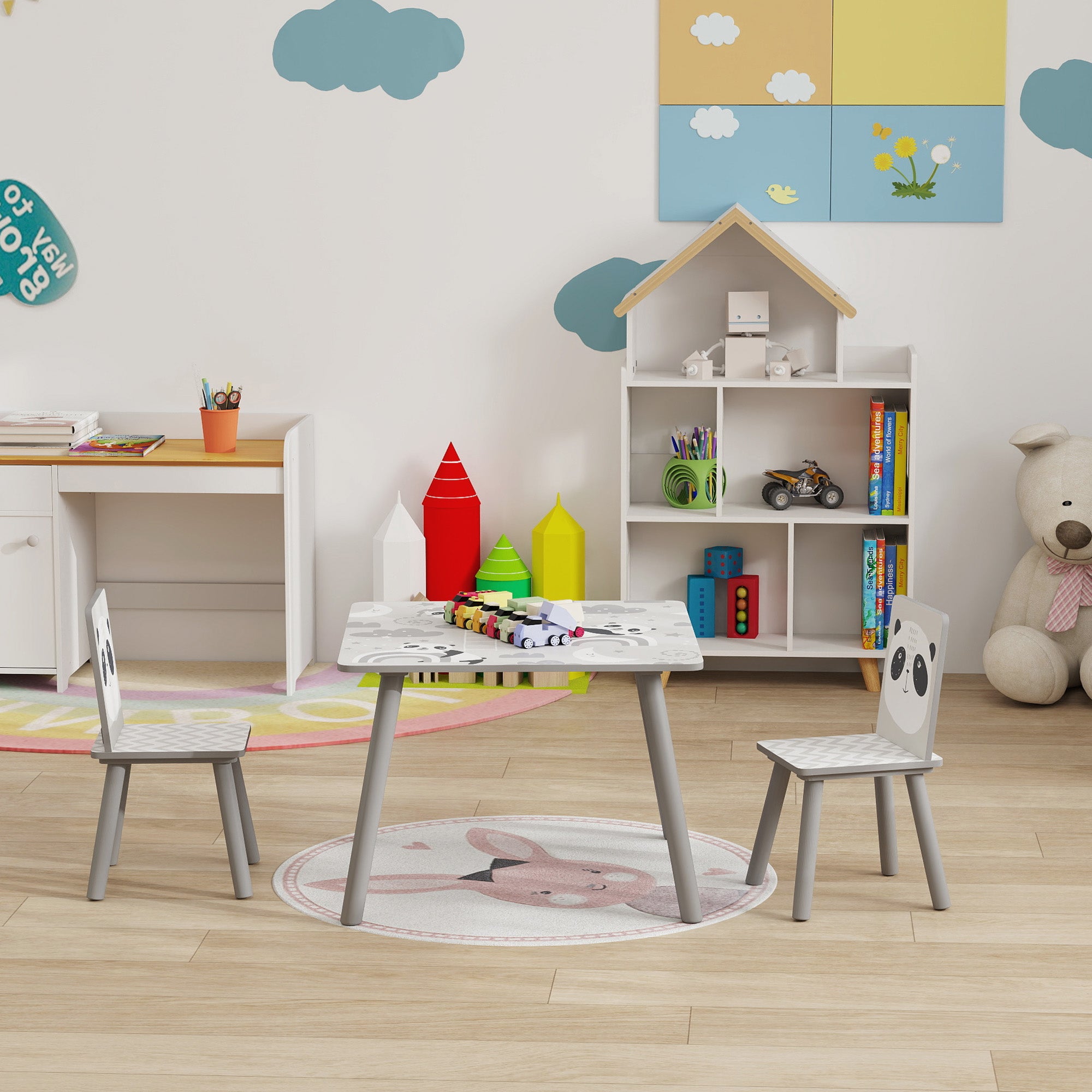 Children's Table and 2 Chairs Set for 3-8 Years in MDF and Pine Wood, Grey