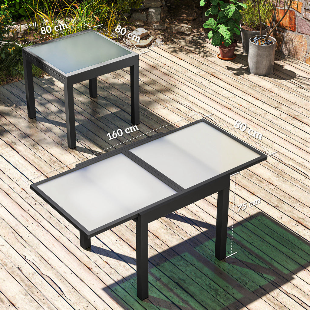 Extendable Garden Dining Table with Glass and Aluminum Top, 80-160x80x75 cm, Black and Transparent