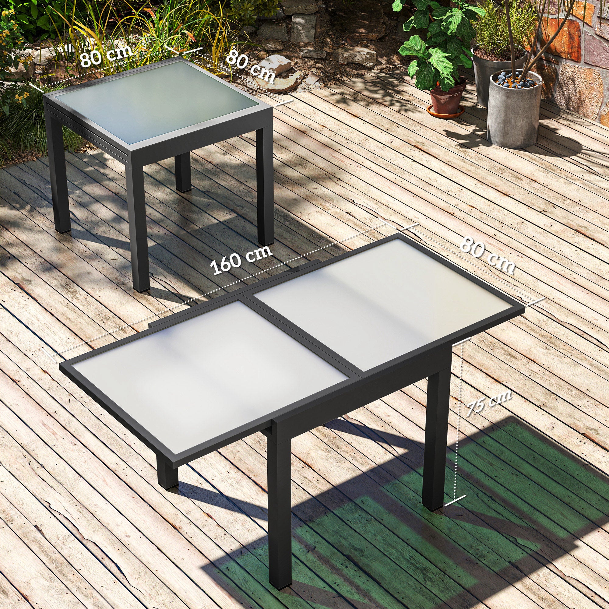 Extendable Garden Dining Table with Glass and Aluminum Top, 80-160x80x75 cm, Black and Transparent