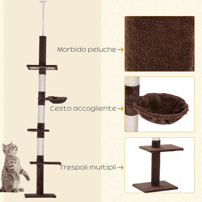 Multi-Level Ceiling Cat Tree with Hammock and Adjustable Height, 40x34x230-260cm, Brown