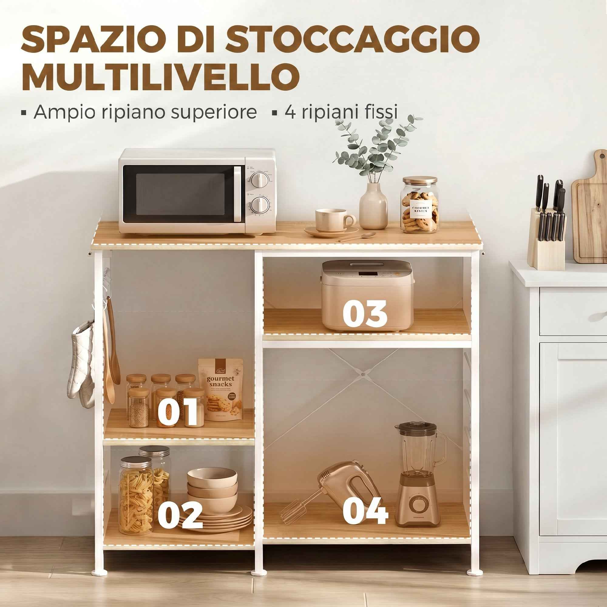 HOMCOM Kitchen Shelf with Wooden and Metal Shelves and 5 Hooks, Space-Saving, 90x39x83.5 cm, Oak