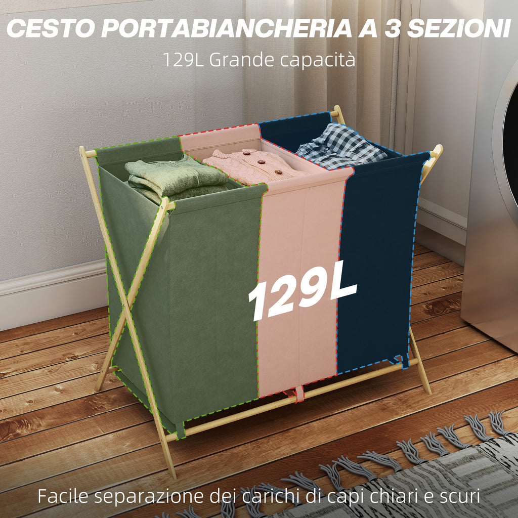 Foldable Laundry Hamper with 3 Compartments, Bamboo and Linen Effect Fabric, 75x48x67 cm, Multicolor