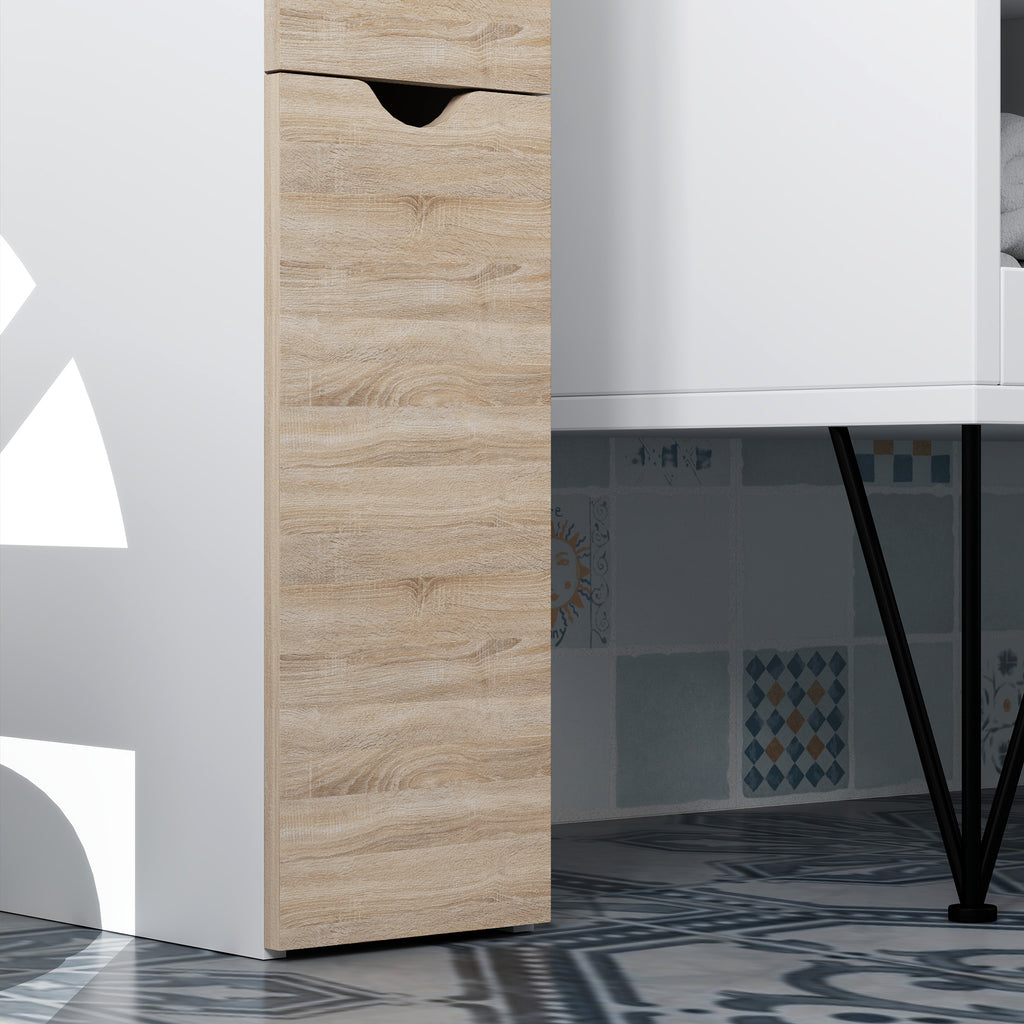 Space-saving bathroom column cabinet with cabinet, shelves and drawers, 15x33x136 cm, wood color