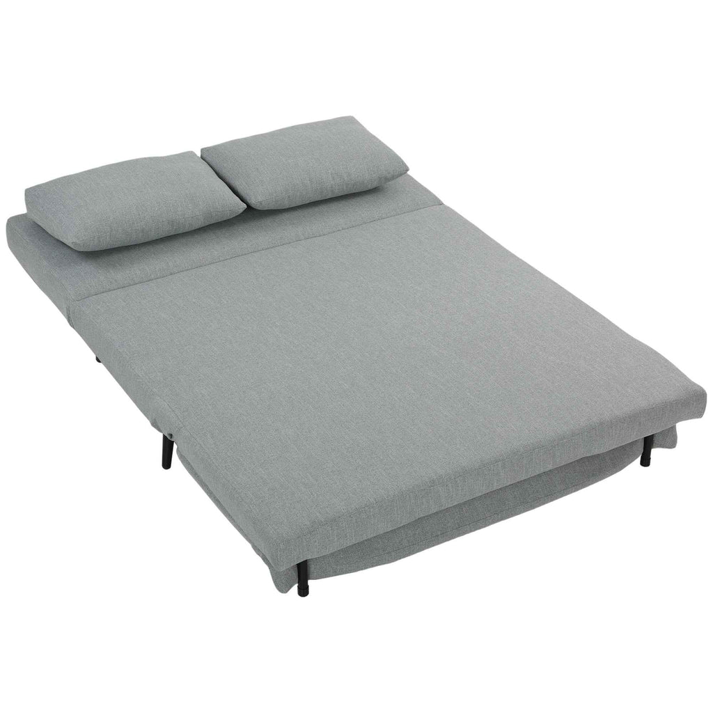 HOMCOM 3-in-1 2-Seater Sofa Bed in Linen Effect Fabric with 2 Cushions, Wood and Steel Frame, Light Grey
