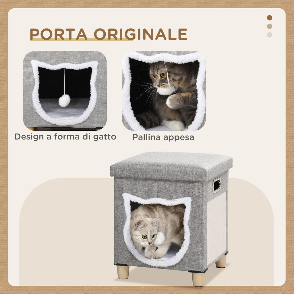 Cat House with Scratching Post, Cushion and Ball, Made of Wood and Polyester, 35.5x35.5x42.5 cm, Cream and Grey