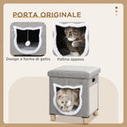 Cat House with Scratching Post, Cushion and Ball, Made of Wood and Polyester, 35.5x35.5x42.5 cm, Cream and Grey