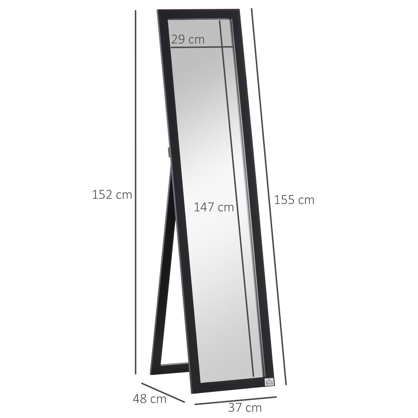 Floor and Wall Mirror with Foldable Support and MDF Frame, 37x48x152cm, Black