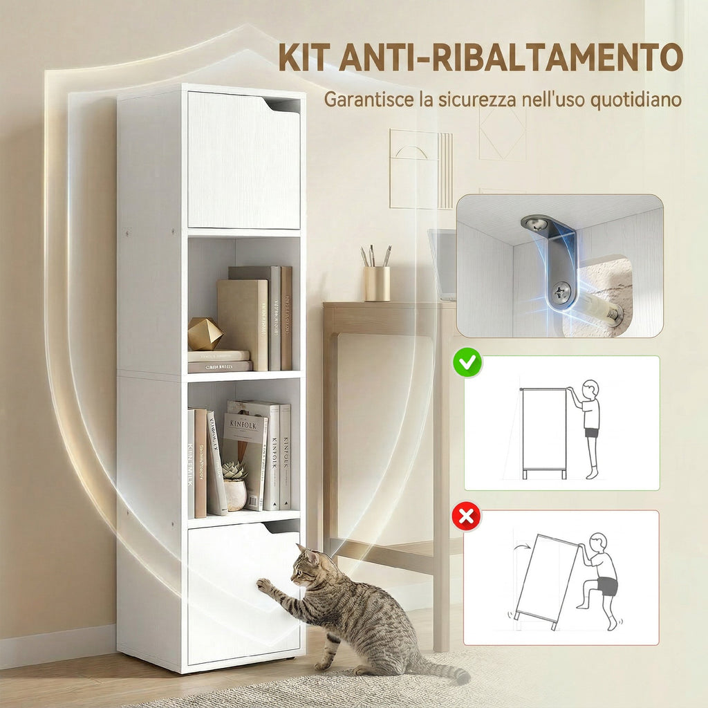 HOMCOM Modern Bookcase with 2 Cabinets and 4 Doors, 30x29x119 cm, White