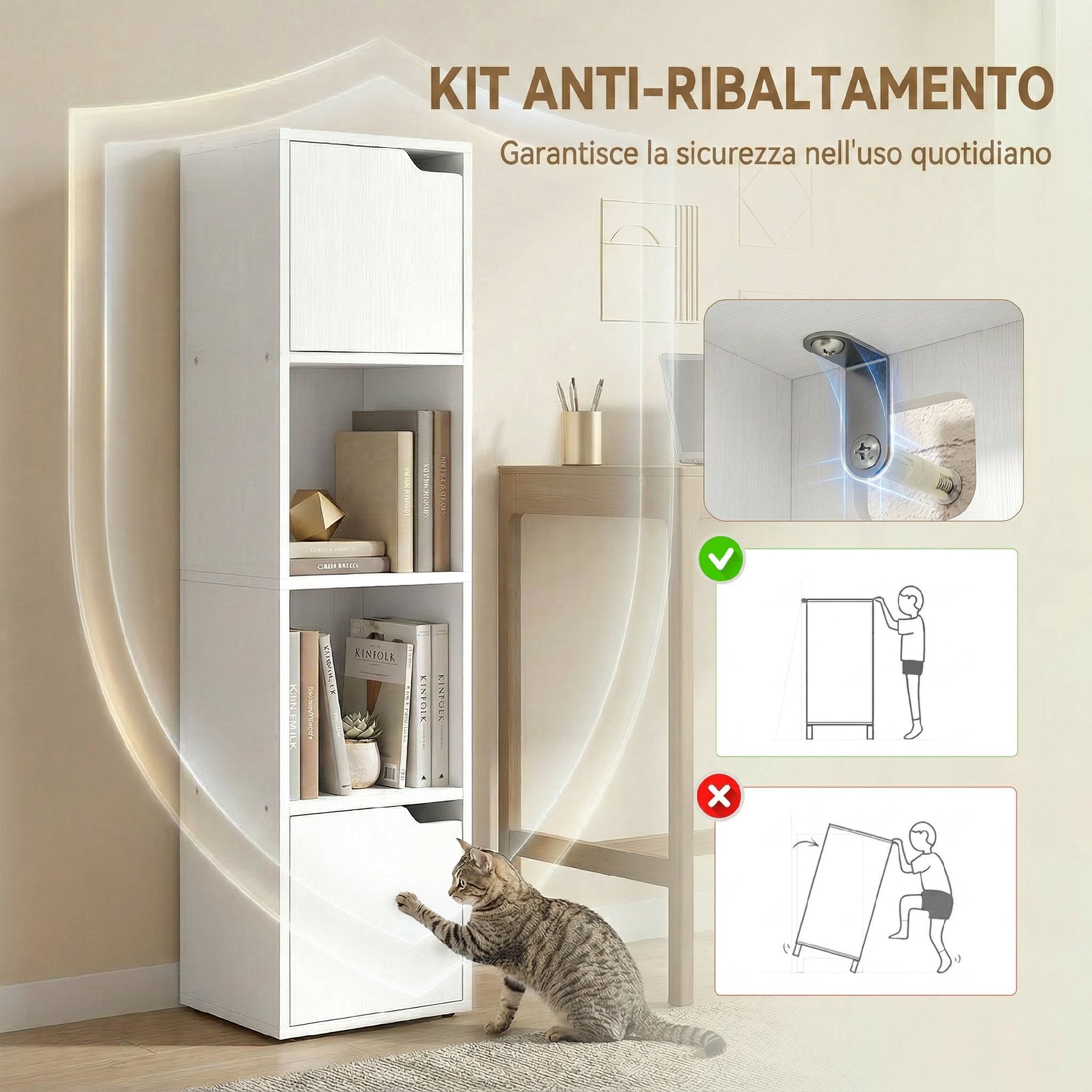 HOMCOM Modern Bookcase with 2 Cabinets and 4 Doors, 30x29x119 cm, White