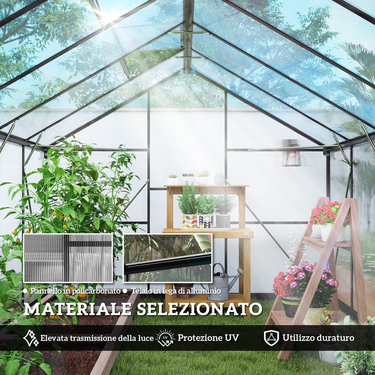 Outsunny PC and Aluminum Vegetable Garden Greenhouse with Hinged Door and 2 Adjustable Windows, 304x247x205 cm, Black
