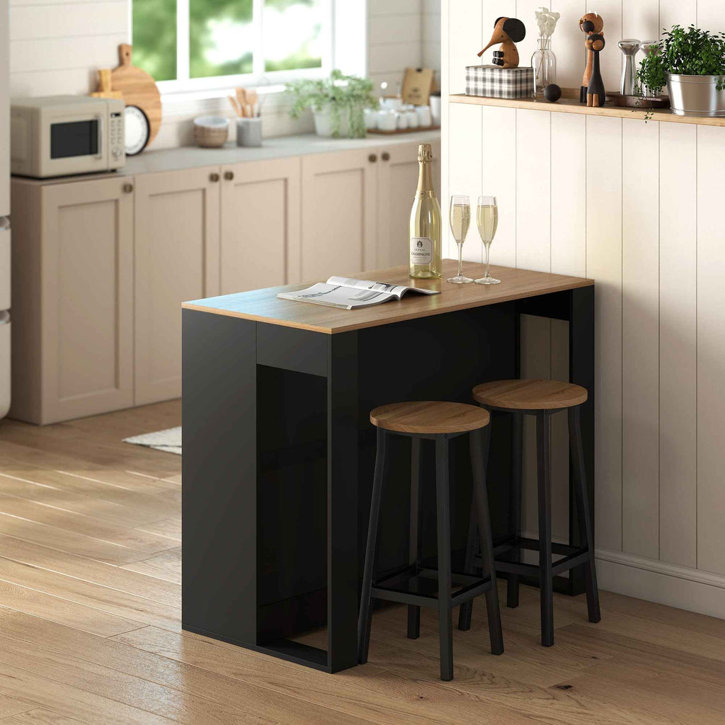 HOMCOM Kitchen Island Bar Counter with 3 Shelves for Living Room and Lounge, 113x60x90 cm, Black and Wood