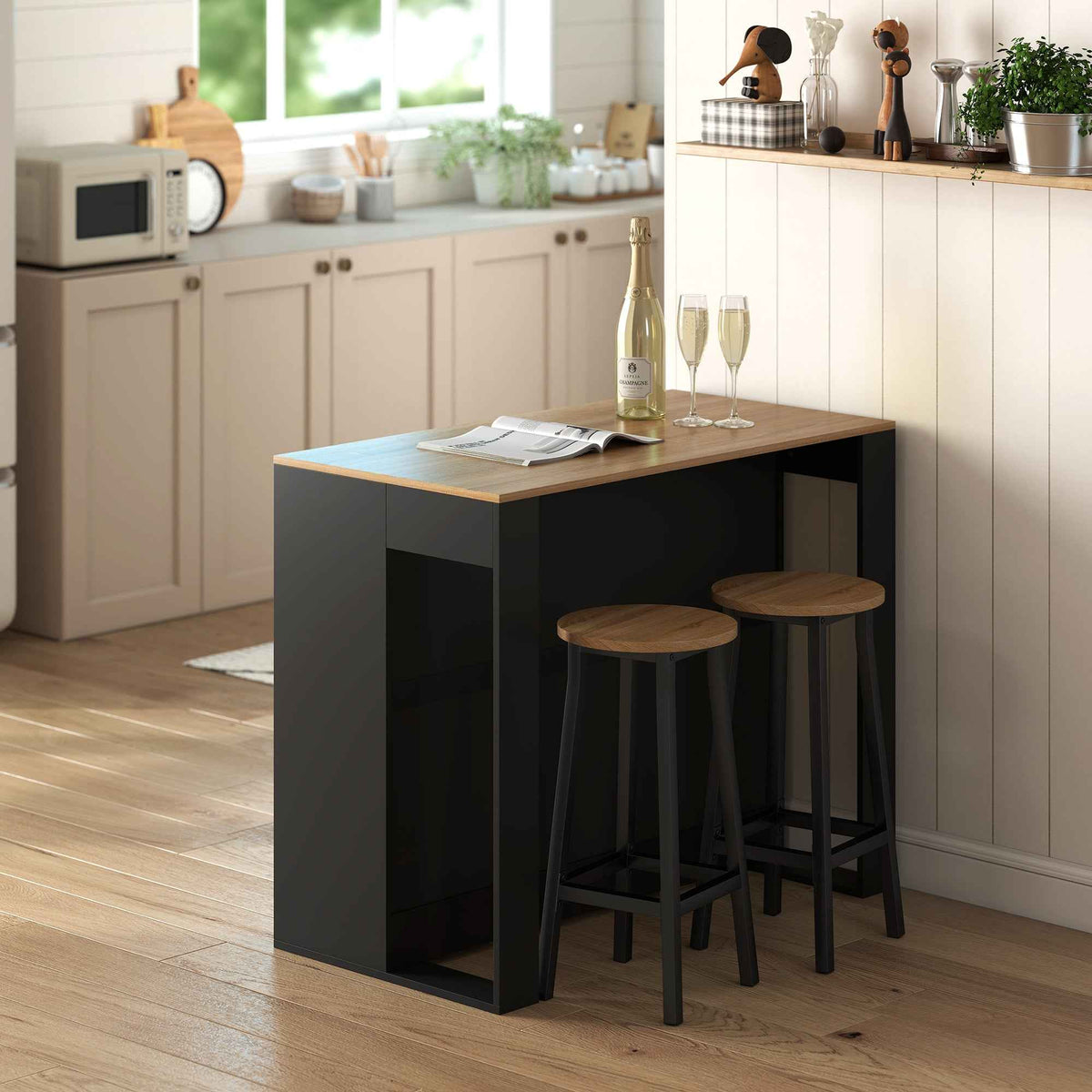 HOMCOM Kitchen Island Bar Counter with 3 Shelves for Living Room and Lounge, 113x60x90 cm, Black and Wood
