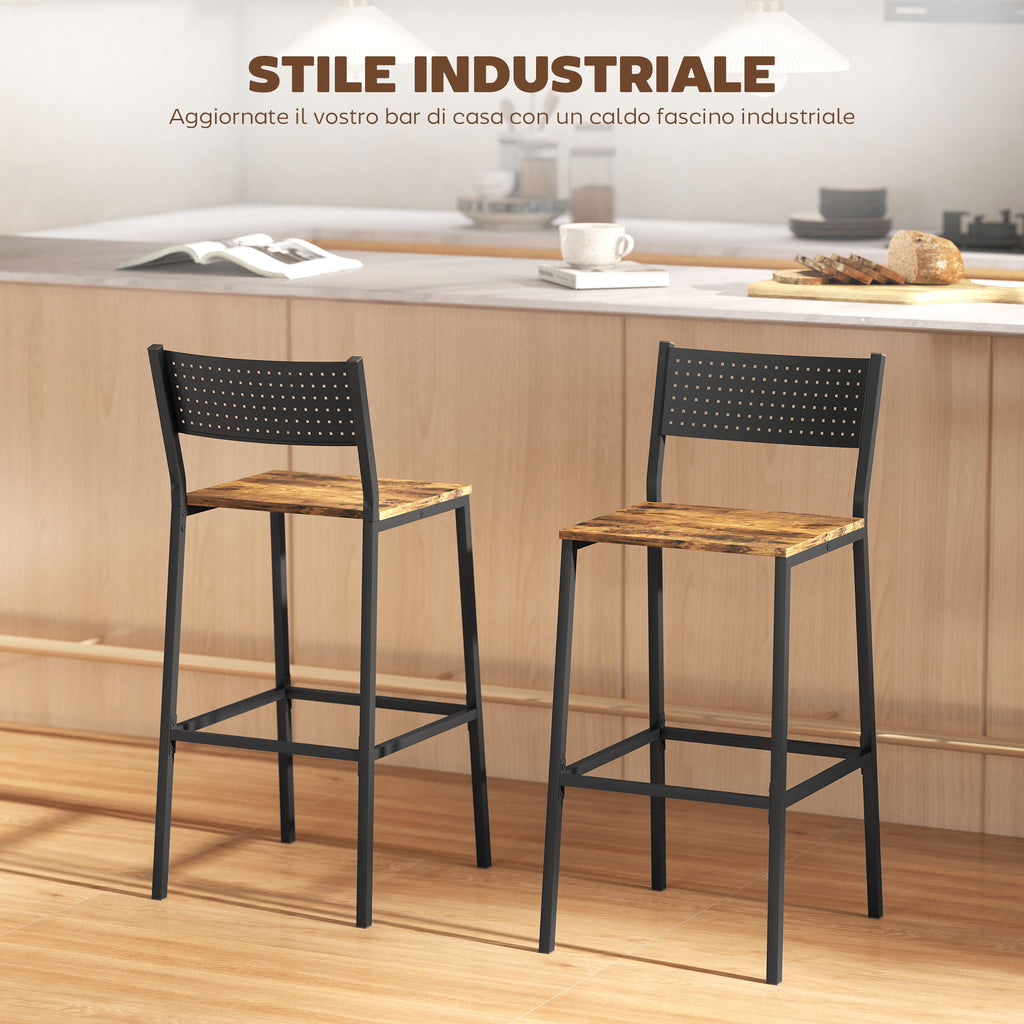 Set of 2 Industrial Style Bar Stools with Backrest and Integrated Footrest, Rustic Brown