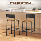 Set of 2 Industrial Style Bar Stools with Backrest and Integrated Footrest, Rustic Brown