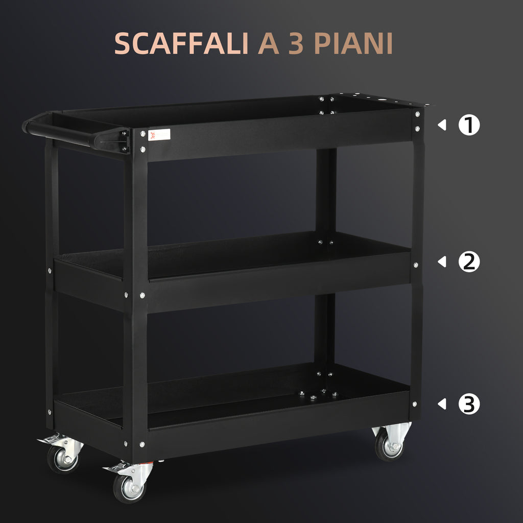 3-Tier Steel Tool Cart with High Edges and 4 Swivel Wheels, 83x35.3x76 cm, Black