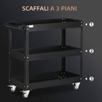 3-Tier Steel Tool Cart with High Edges and 4 Swivel Wheels, 83x35.3x76 cm, Black