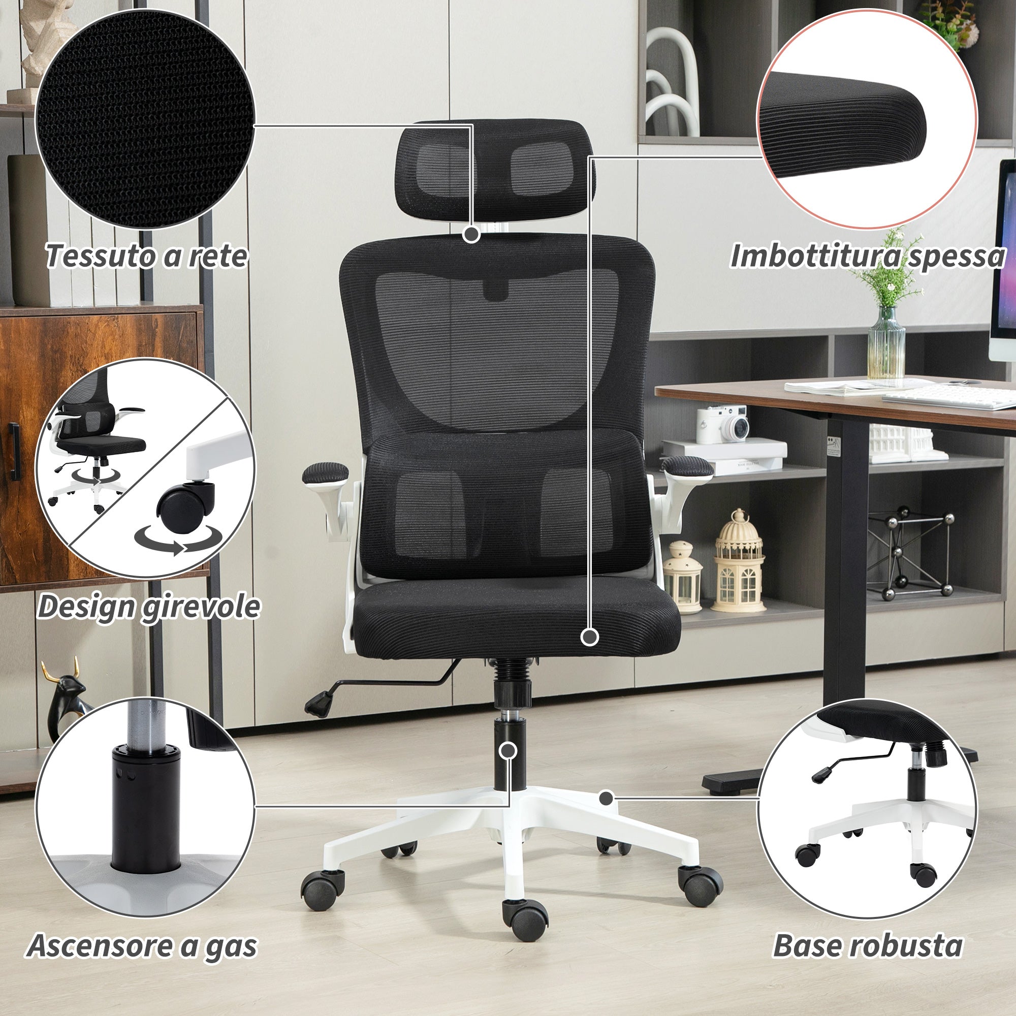 Adjustable and Reclining Office Chair with Removable Headrest, Mesh Fabric, 60x59x114-122 cm, Black