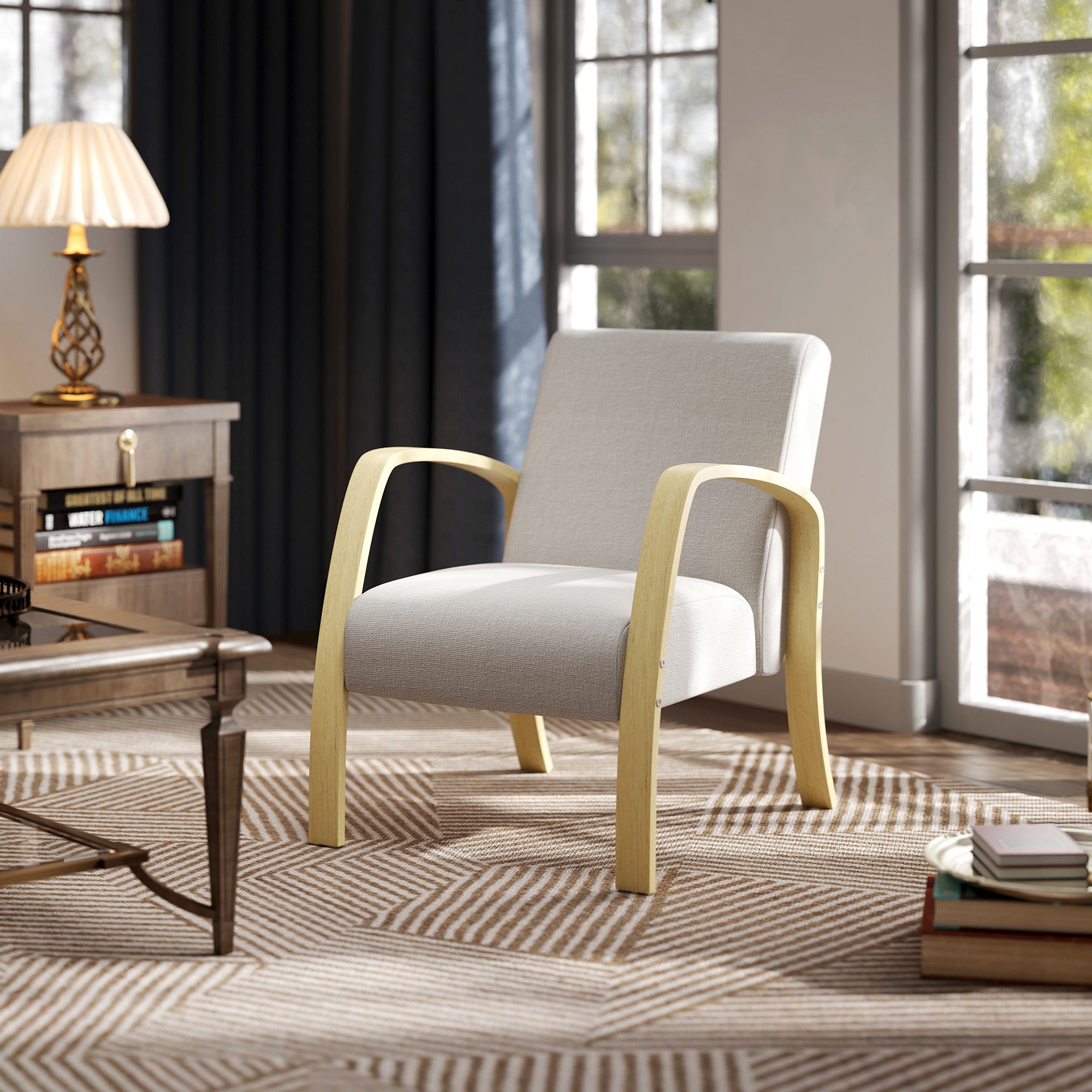 Modern Scandinavian Style Upholstered Fabric and Birch Wood Armchair, Grey