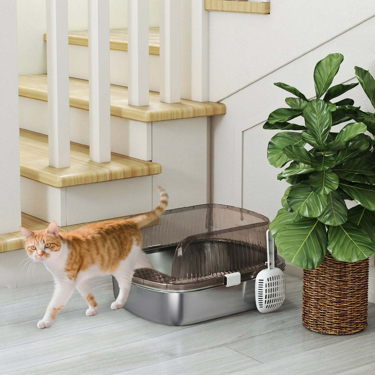 PawHut Extra Large Cat Litter Box with Stainless Steel Tray, Scoop, High Edges, Up to 15 kg, Charcoal Grey