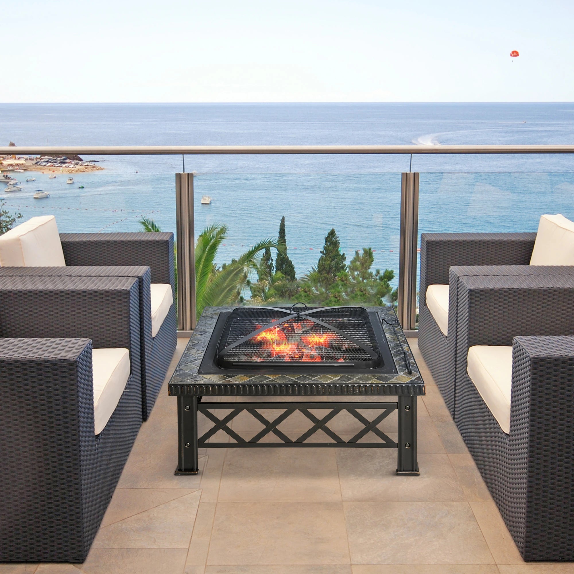 SIENA | Garden Fire Pit with Lid Spark Guard and Metal BBQ Grill 76x76x47cm Black - Borge' Group Limited