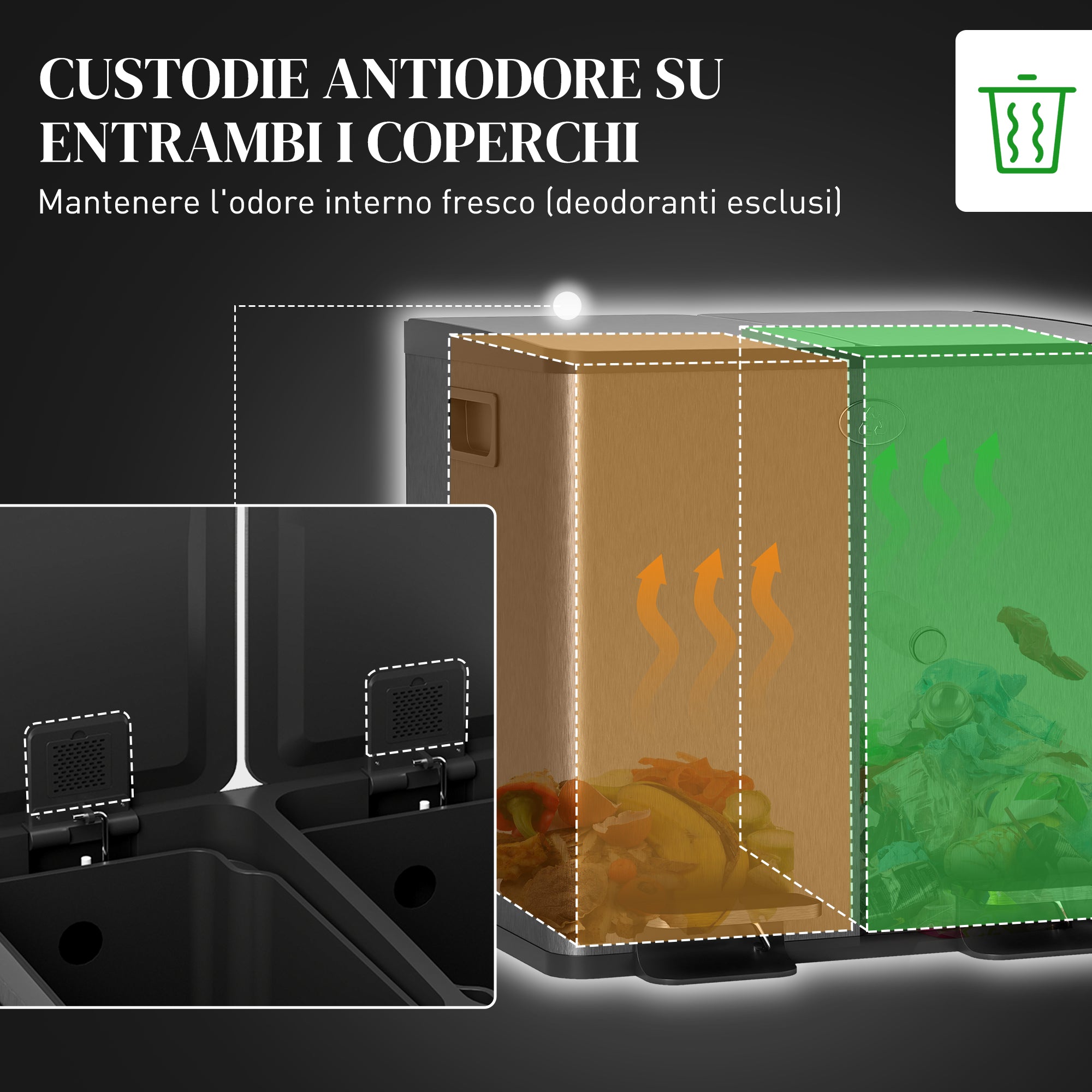 15L 2-Section Rubbish Bin with Silent Closure, Stainless Steel and PP, 41.7 x 36.6 x 43.2 cm, Black