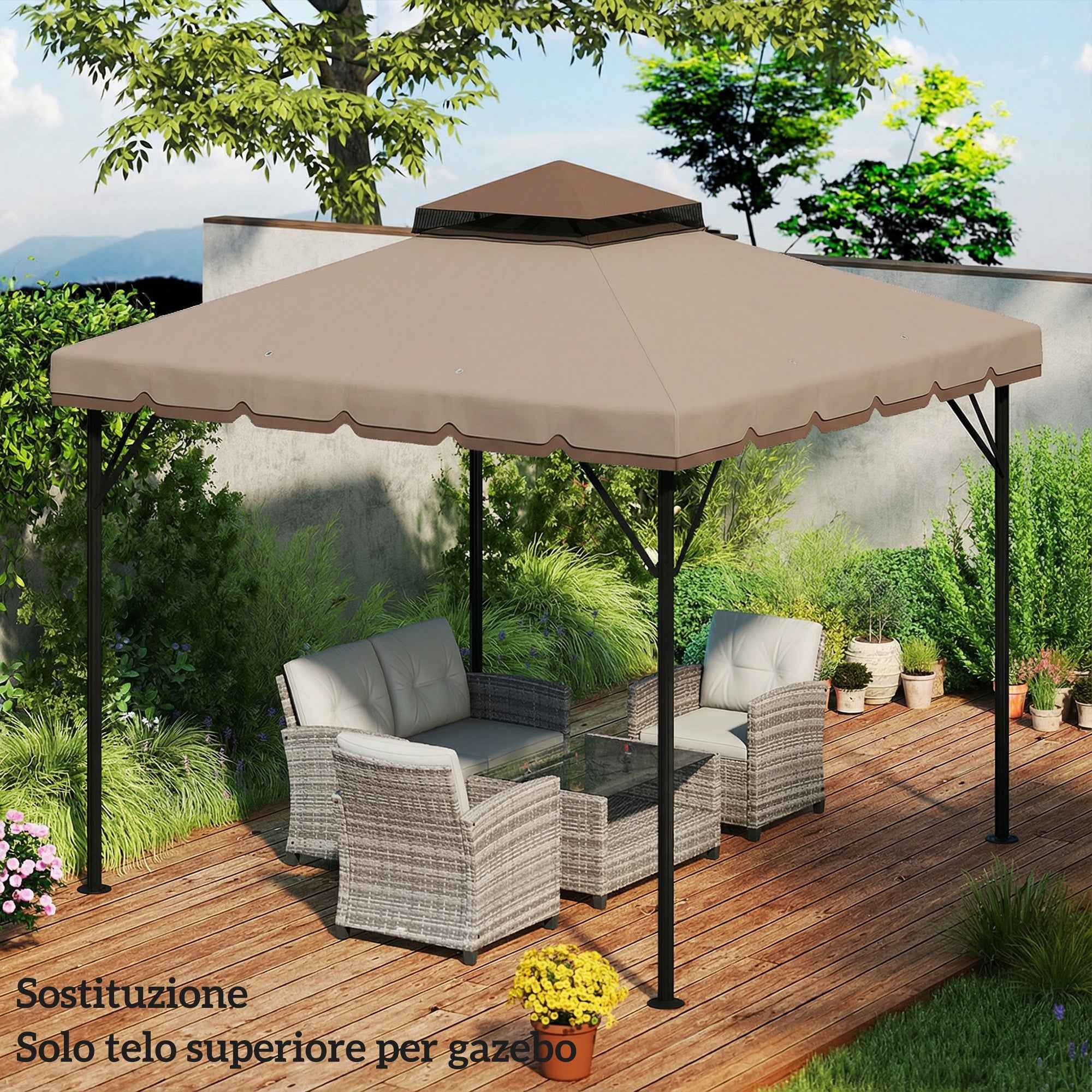 Outsunny 3x3m 2-Tier Gazebo Cover with 8 Drainage Holes, Khaki and Brown Polyester