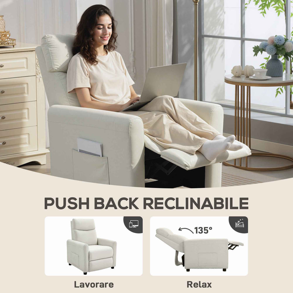 HOMCOM Reclining Chair 135° max in Linen Effect Fabric, Foam, Steel and Wood, 73x86x100 cm, Cream White