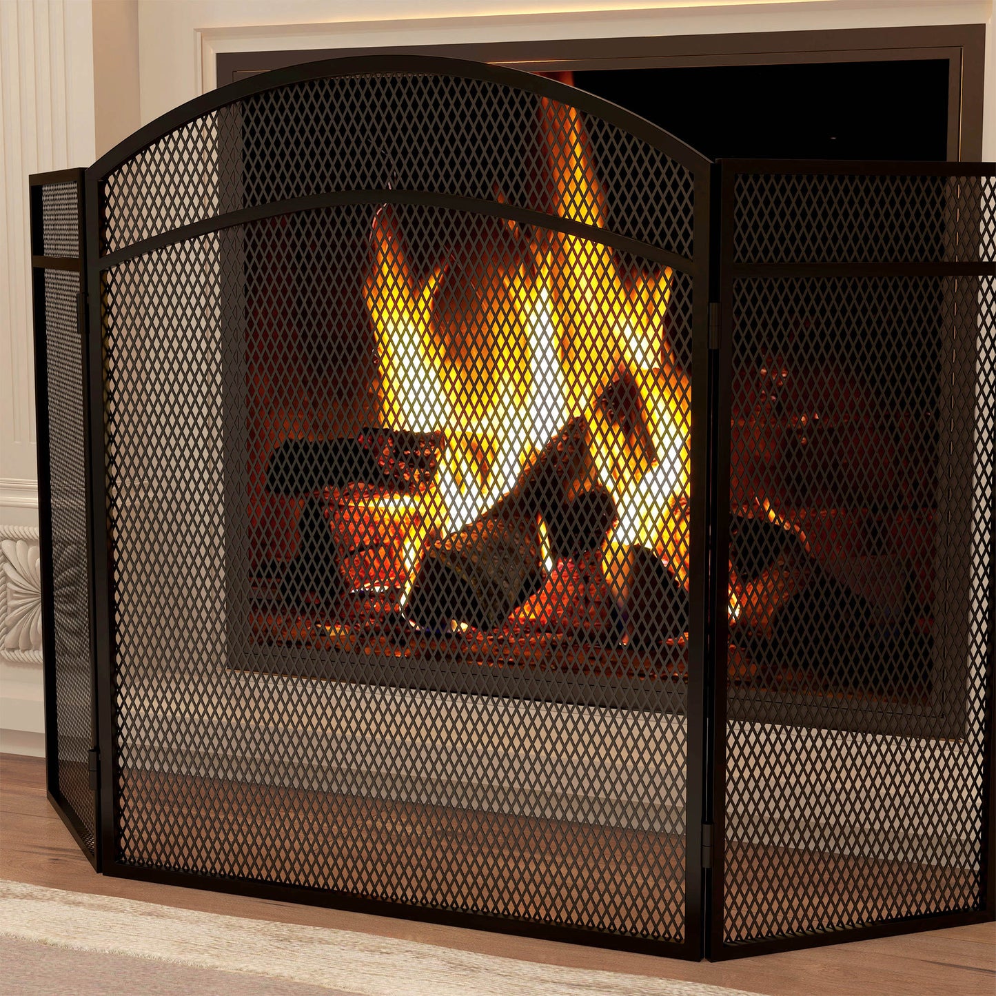 3-Panel Folding Fireplace Spark Screen in Metal with Classic Design, 96x60cm, Black