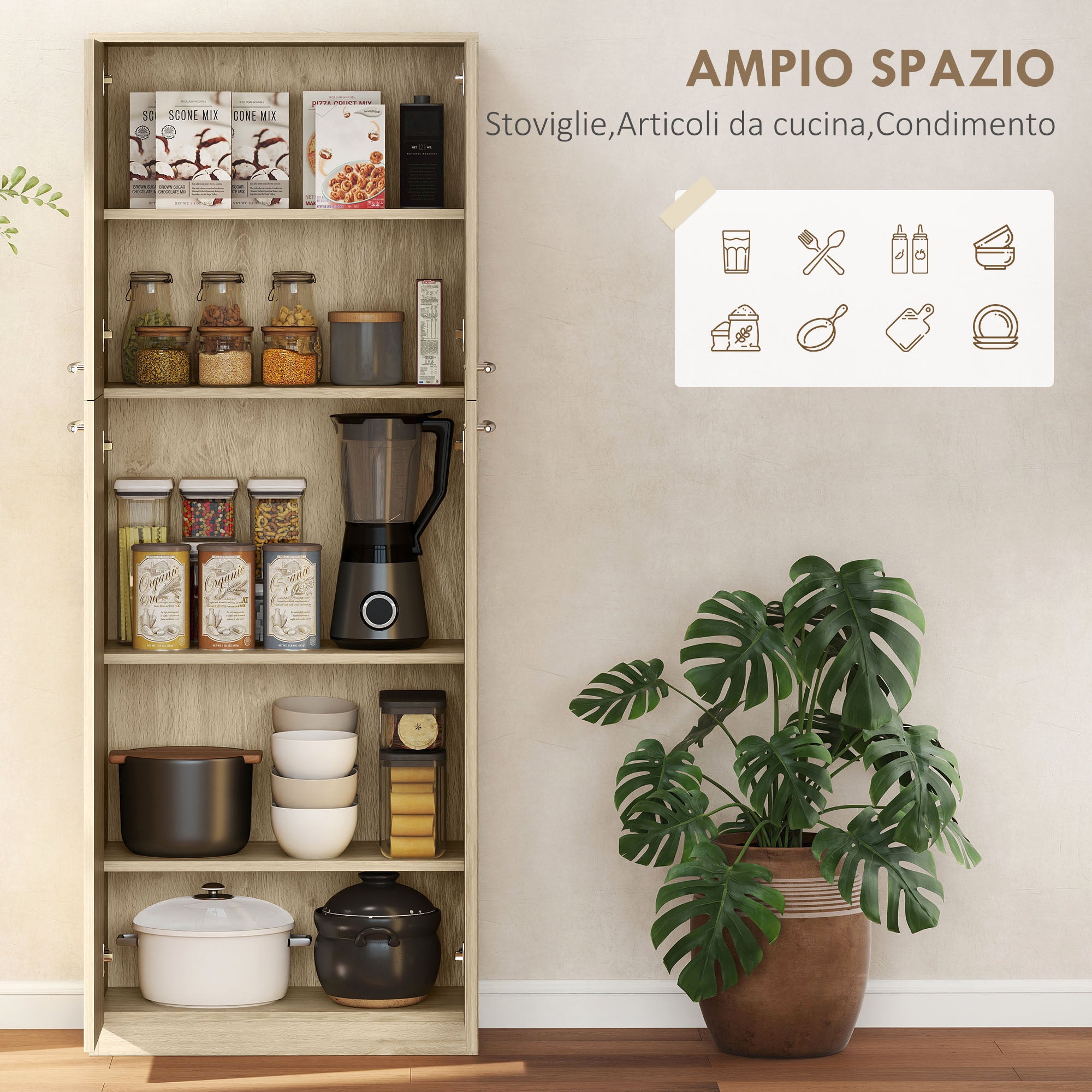 Minimal Storage Unit with 2 Cabinets and Adjustable Shelves, Oak-Colored Wood, 59x31x155 cm