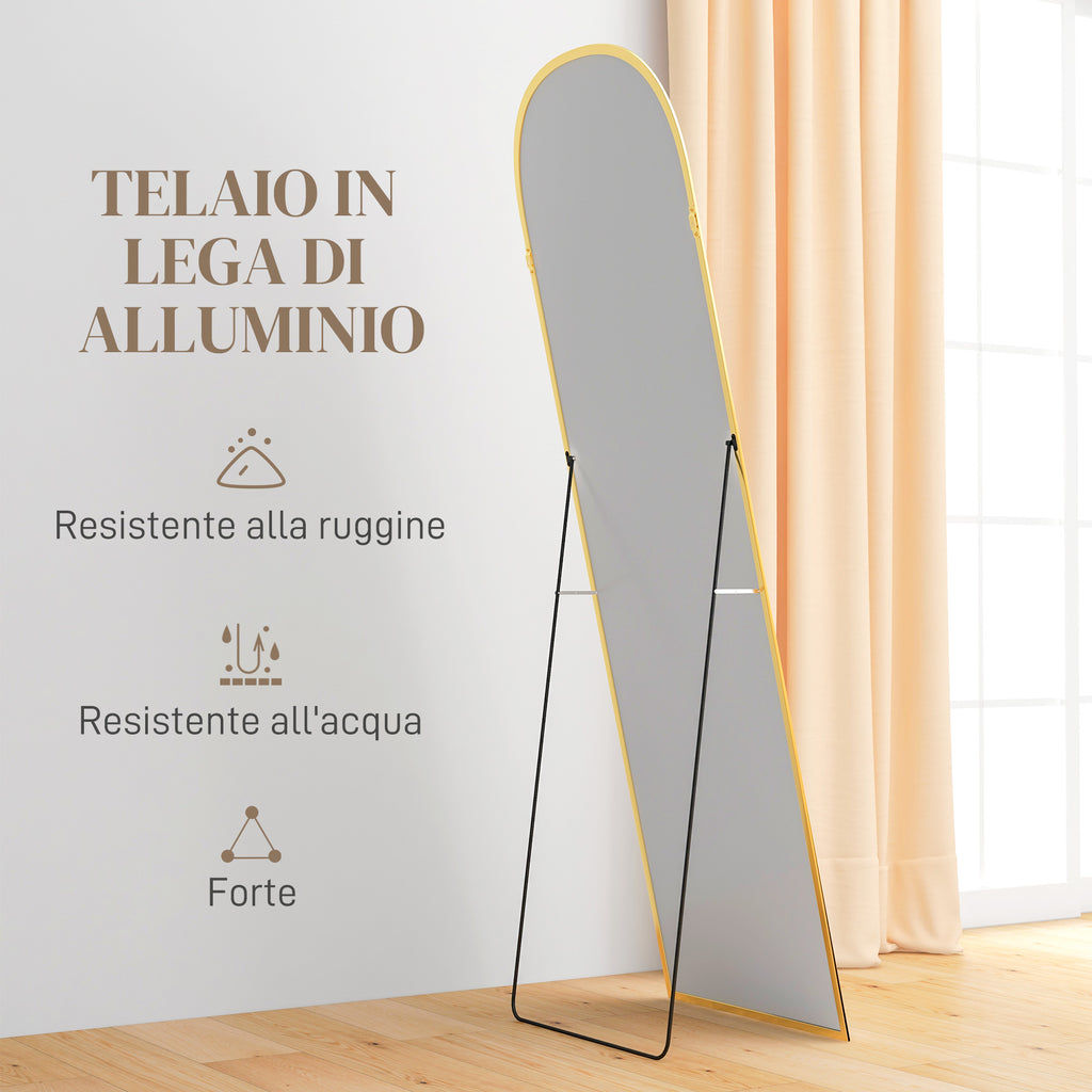Modern Aluminum Alloy Floor and Wall Mirror with Folding Stand, 50x170cm, Gold
