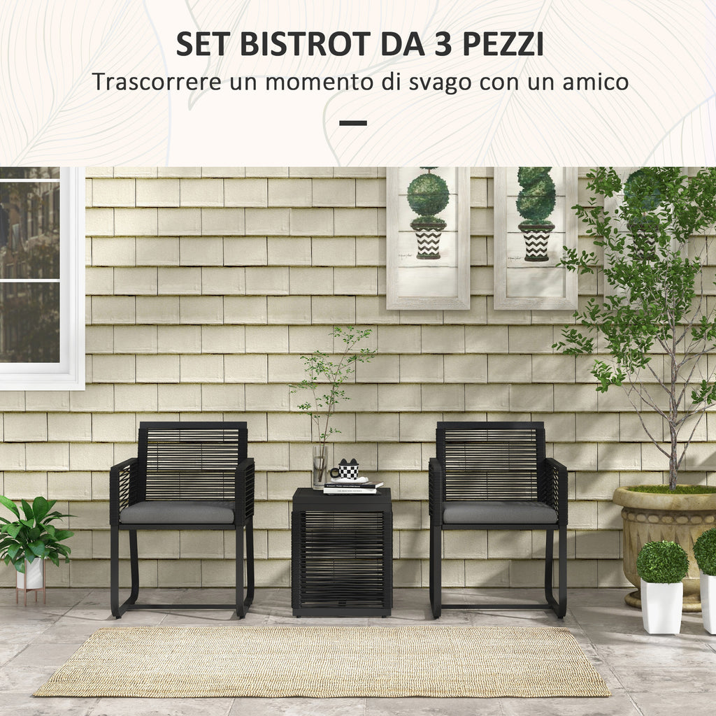 Rattan Garden Set with 2 Armchairs with Cushions and Glass Coffee Table, Black - Borgè
