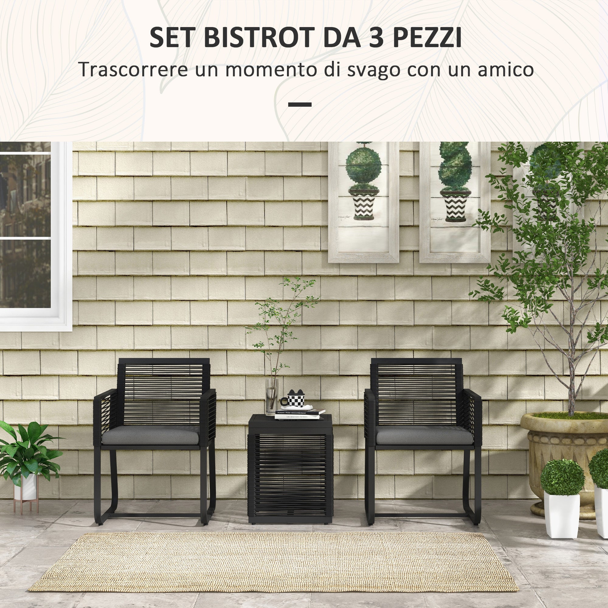 Rattan Garden Set with 2 Armchairs with Cushions and Glass Coffee Table, Black - Borgè