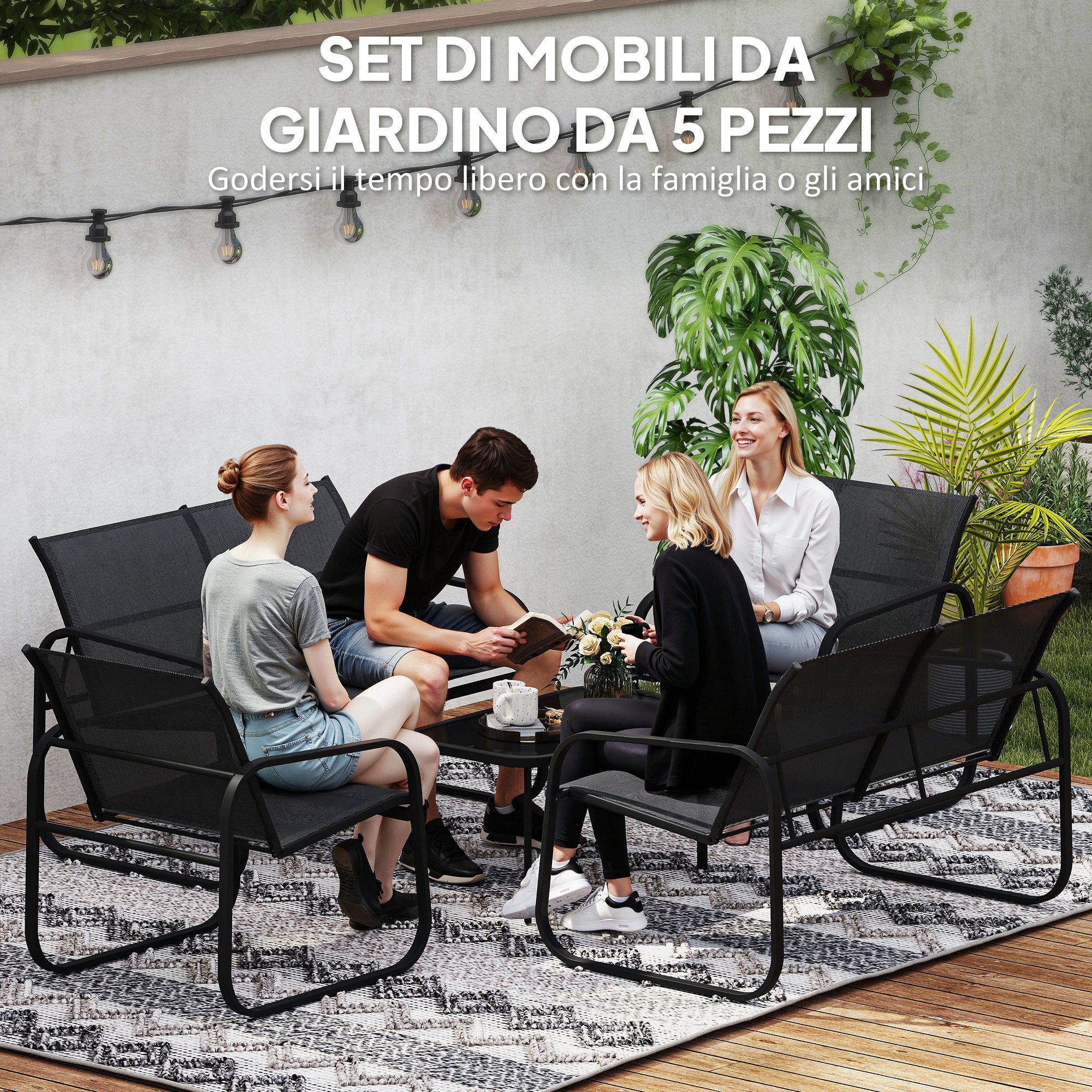 Garden Set with 2 2-Seater Sofas, 2 Armchairs and a Glass Top Coffee Table, Black