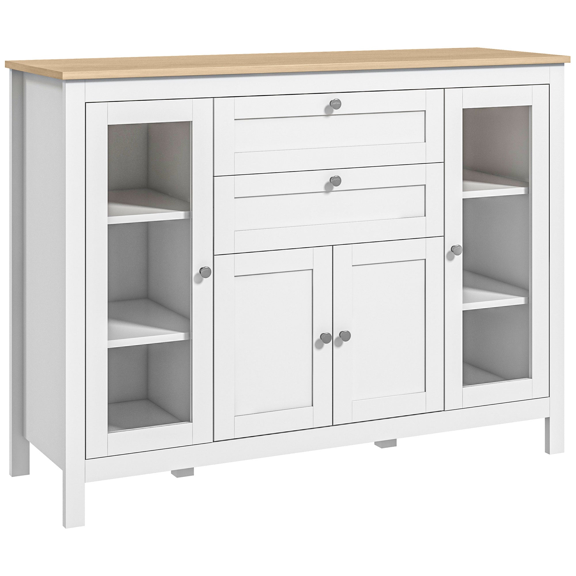 Kitchen Cabinet with 2 Drawers and 3 Cupboards, Glass Doors and Adjustable Shelves, 120x40x90 cm, White and Oak