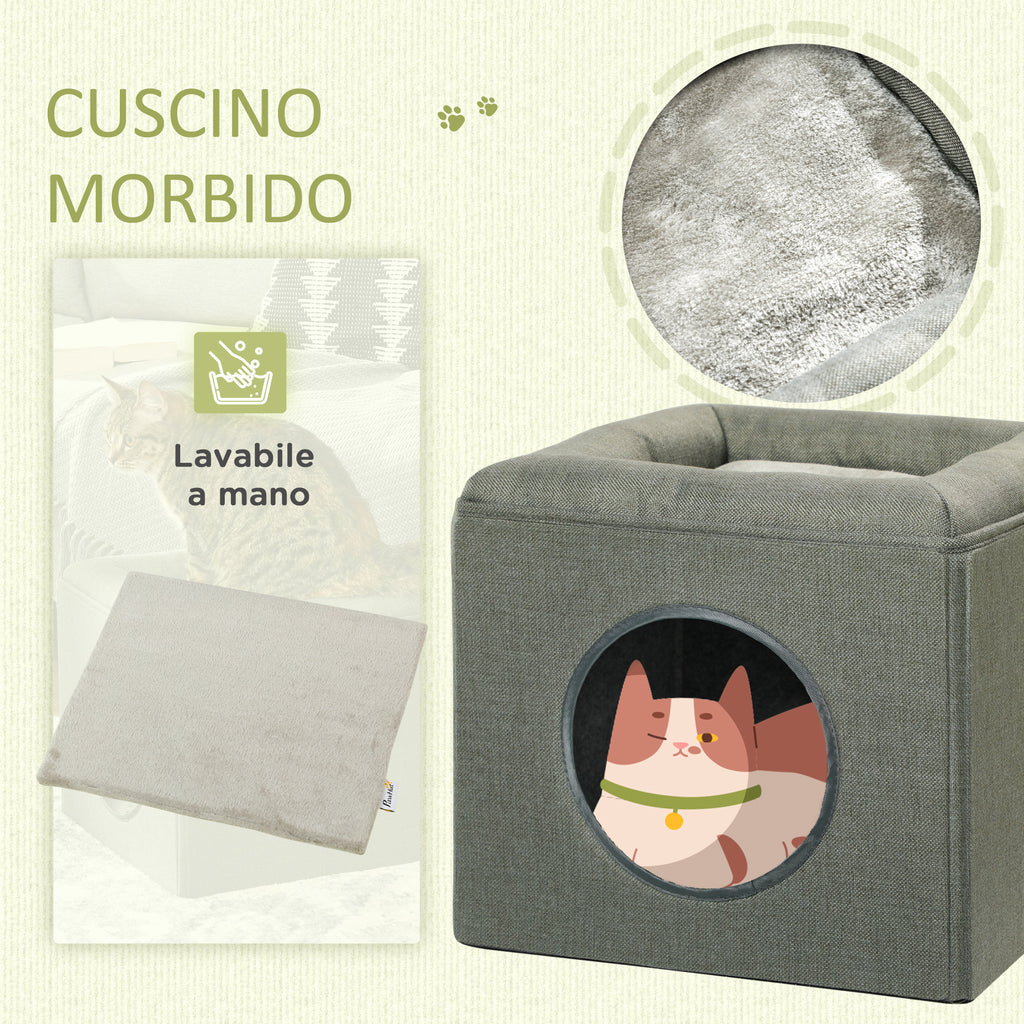 2-Tier Cat House with Plush Cushion, Made of Wood, Polyester and Plastic, 36.5 x 36.5 x 33 cm, Green