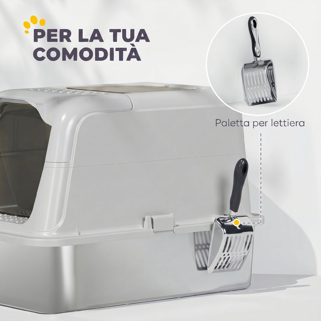 PawHut Enclosed Cat Litter Box with Lid, 2 Inlets, Scoop and Deodorant Bag, Light Grey