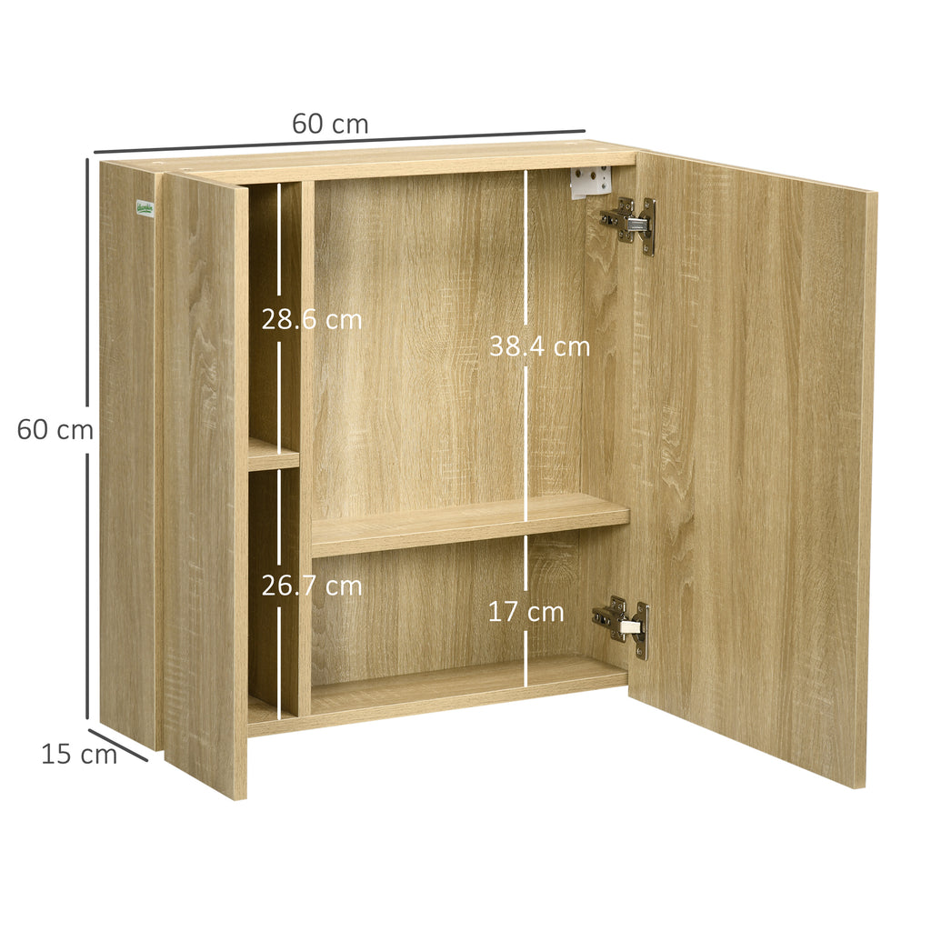 kleankin Bathroom Cabinet with Mirror and 4 Internal Shelves, in Chipboard, 60x15x60cm, Wood Color