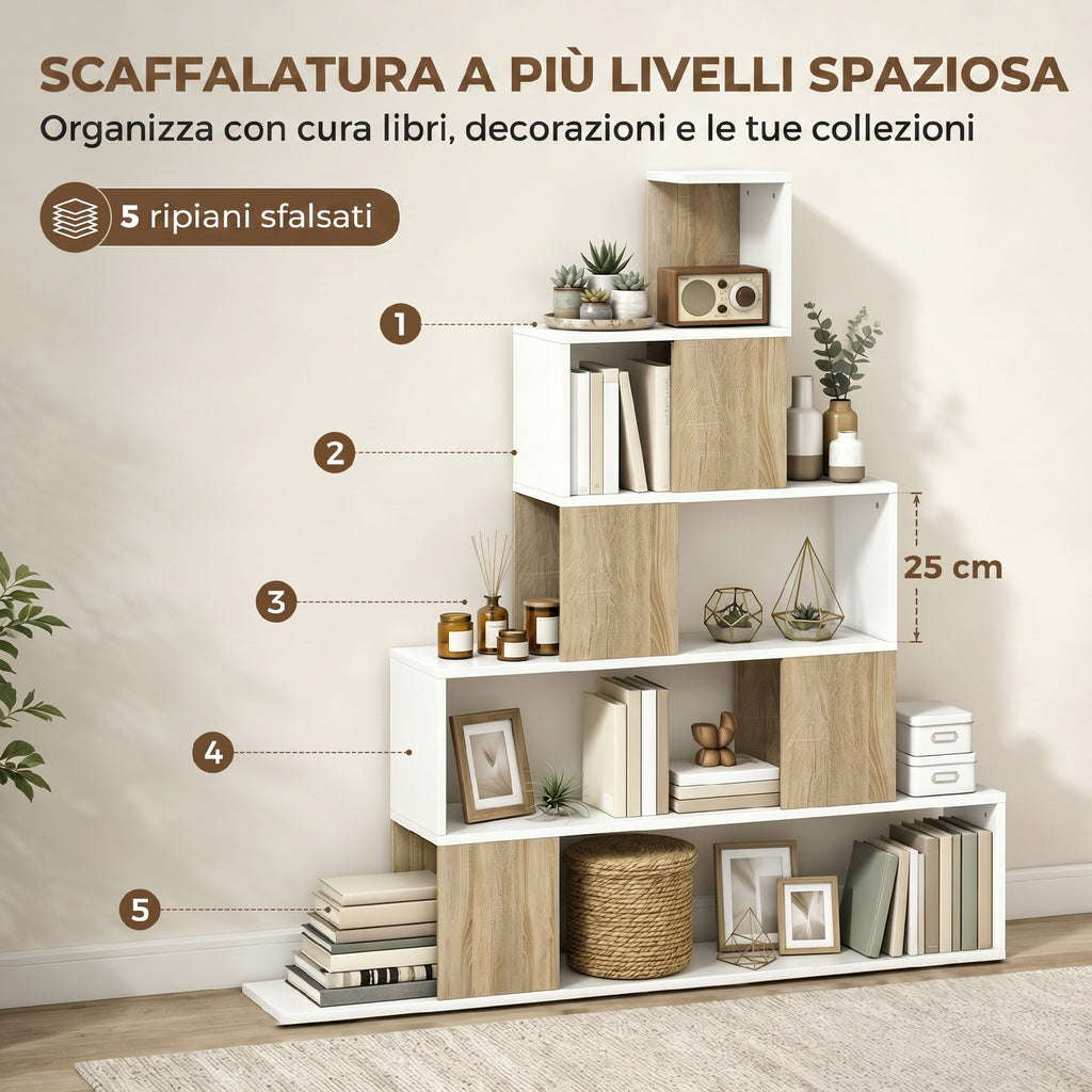 HOMCOM Modern 5-Tier Bookcase with Step Design, 120x22x131.5 cm, White and Wood