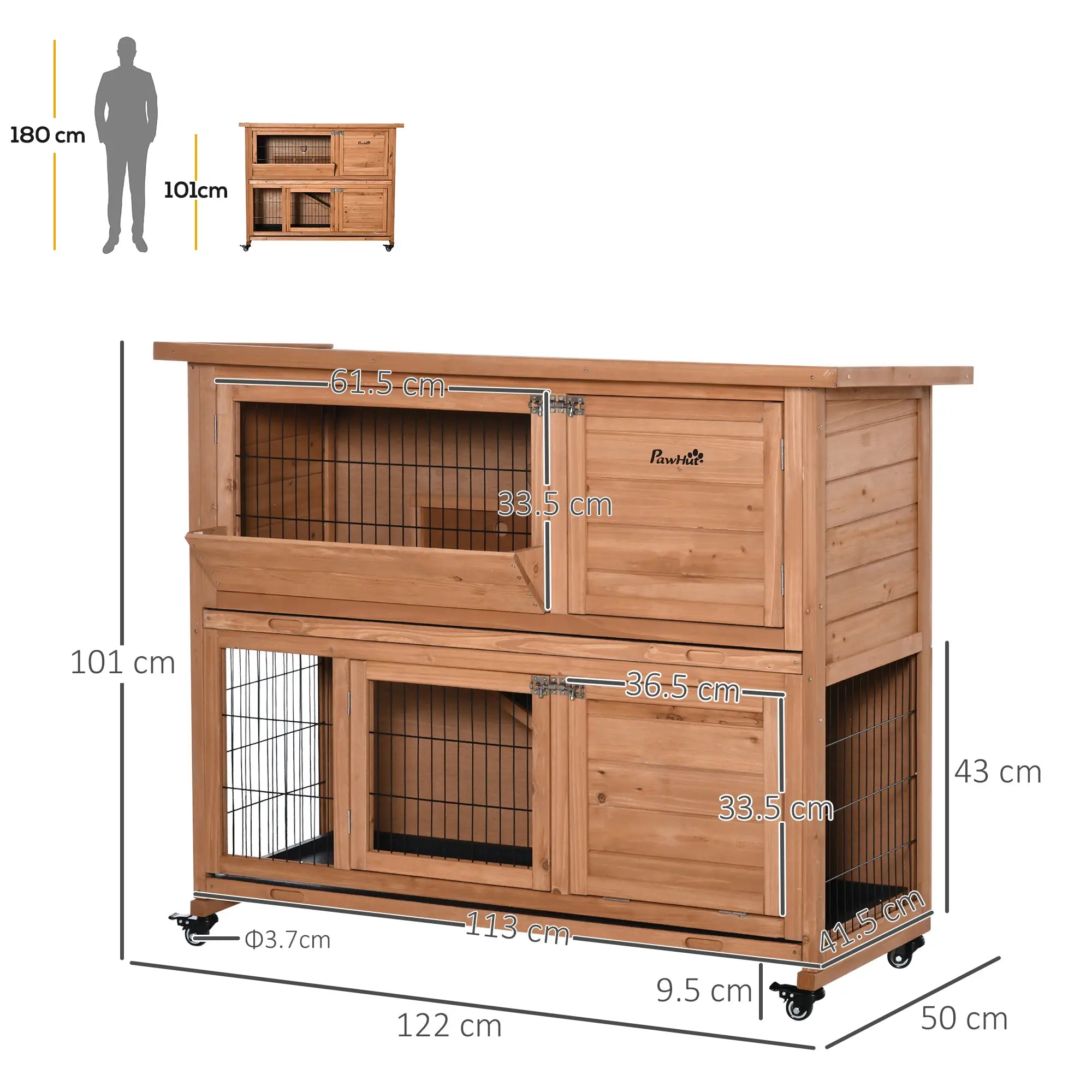 2-Tier Wooden Rabbit Hutch with Wheels, Pull-Out Tray and Ramp, 122x50x101cm - Borge' Group Limited