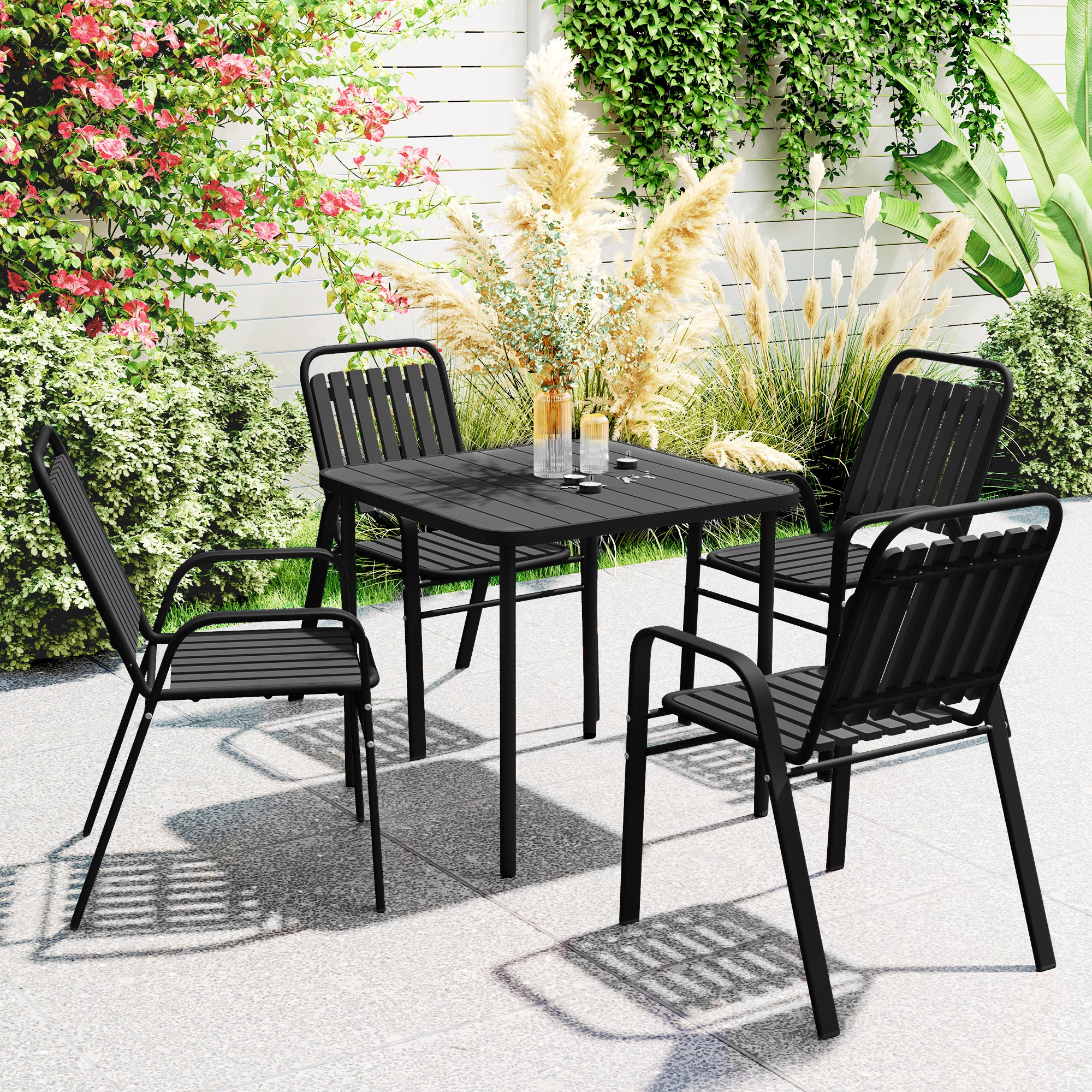 Outsunny Set of 4 Stackable Garden Chairs with High Backrest and Armrests, in PP and Steel, 56x66x91 cm, Black