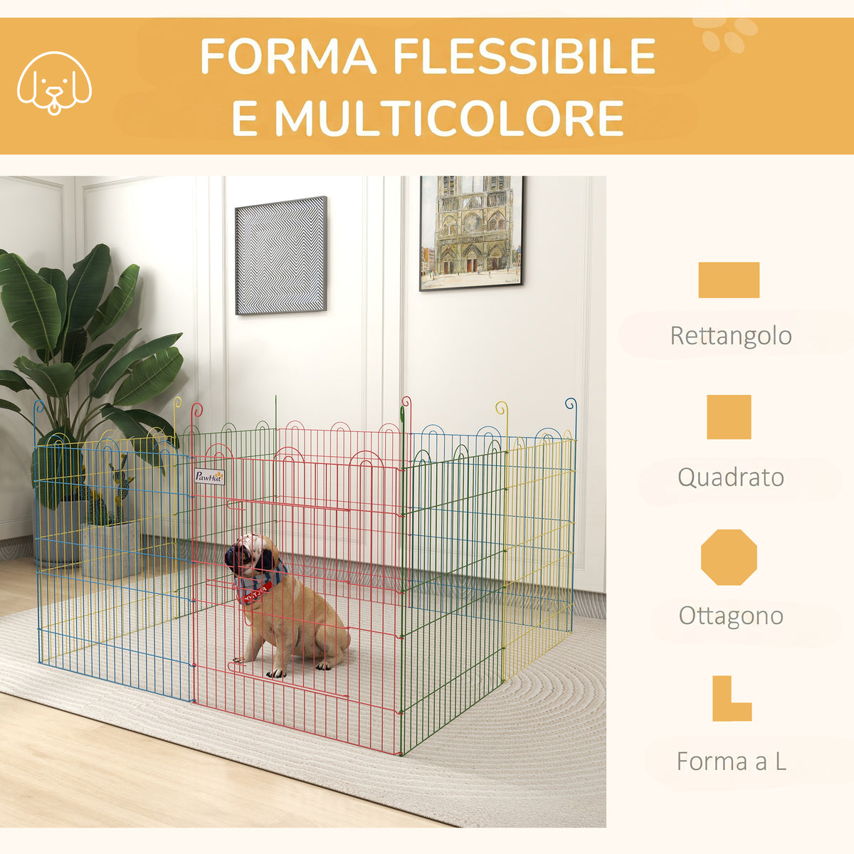 PawHut 8-Panel Dog Gate with Snap Lock, for Medium Dogs, Steel, Ø156x60 cm, Multicolor
